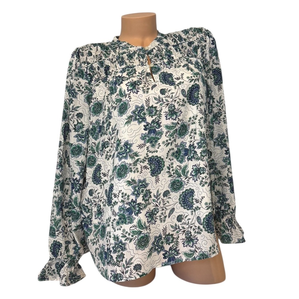 LOFT‎ Womens Medium Floral Print Blouse Lined Top Smocked Neck Long Sleeve